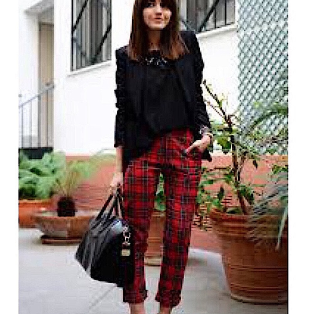 HUDSON Bettie High-Rise Mixed-Media Plaid Tapered Jeans